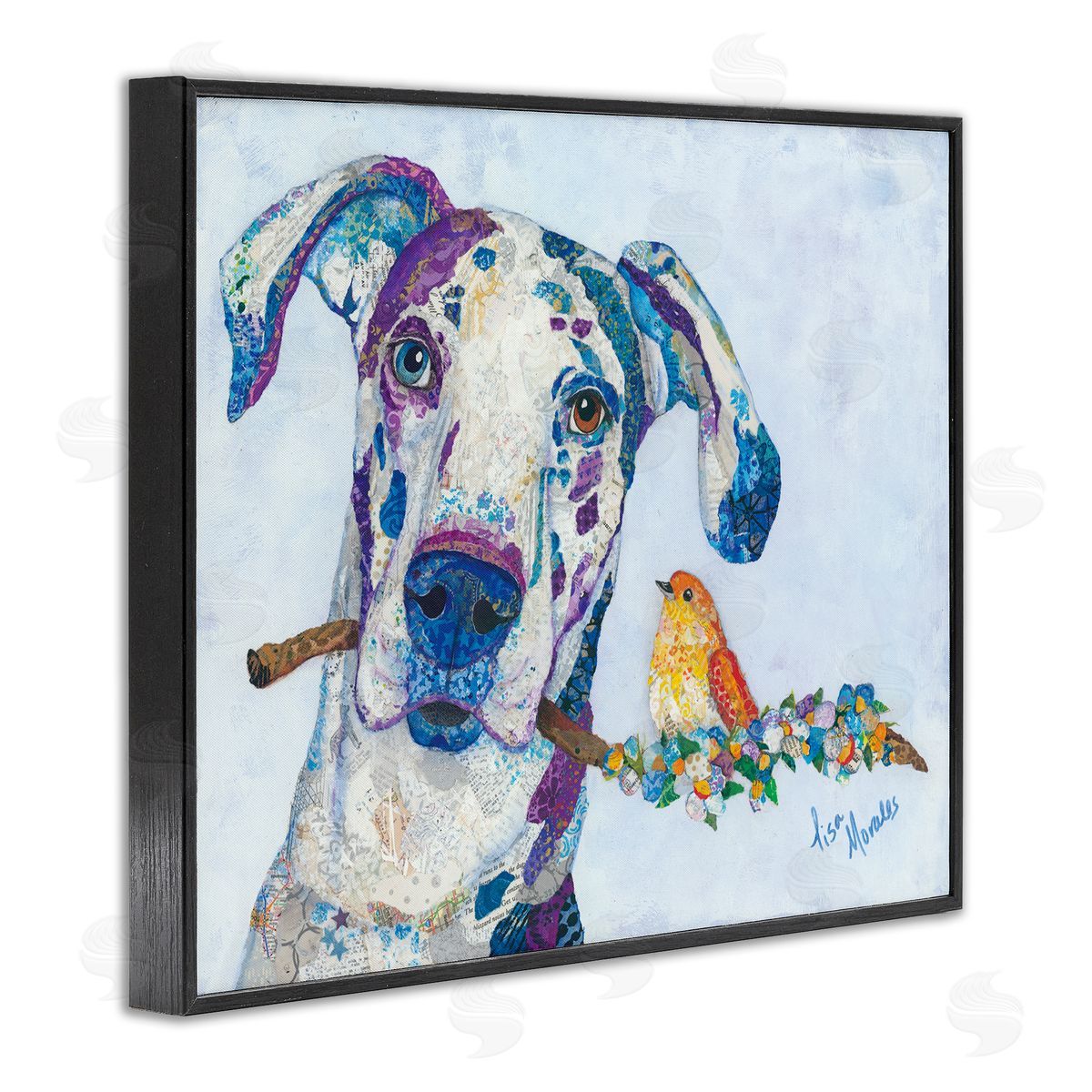 Lisa Morales Dane & Songbird Perched Branch Floral Dog  Black Framed Giclee Wall Art Print