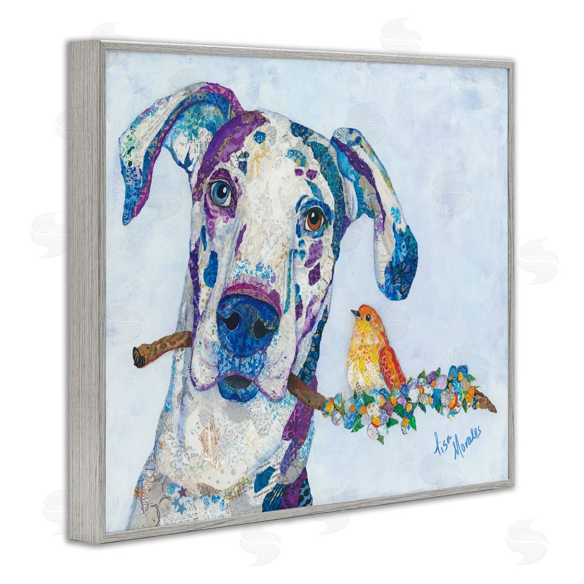 Lisa Morales Dane & Songbird Perched Branch Floral Dog  Gray Framed Giclee Wall Art Print