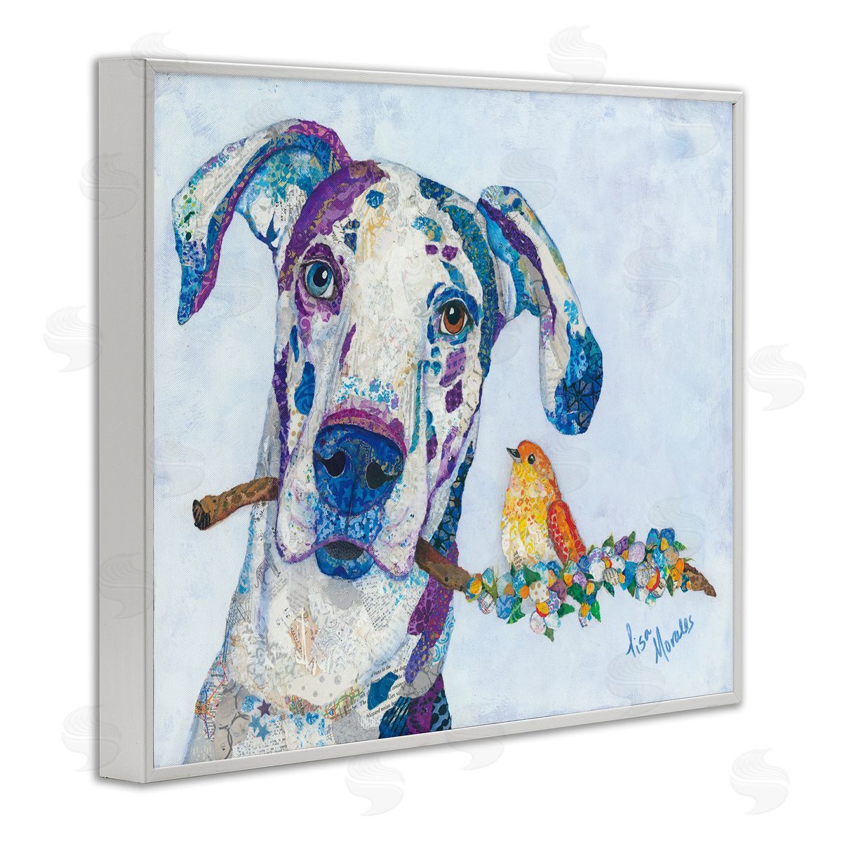 Lisa Morales Dane & Songbird Perched Branch Floral Dog  White Framed Giclee Wall Art Print
