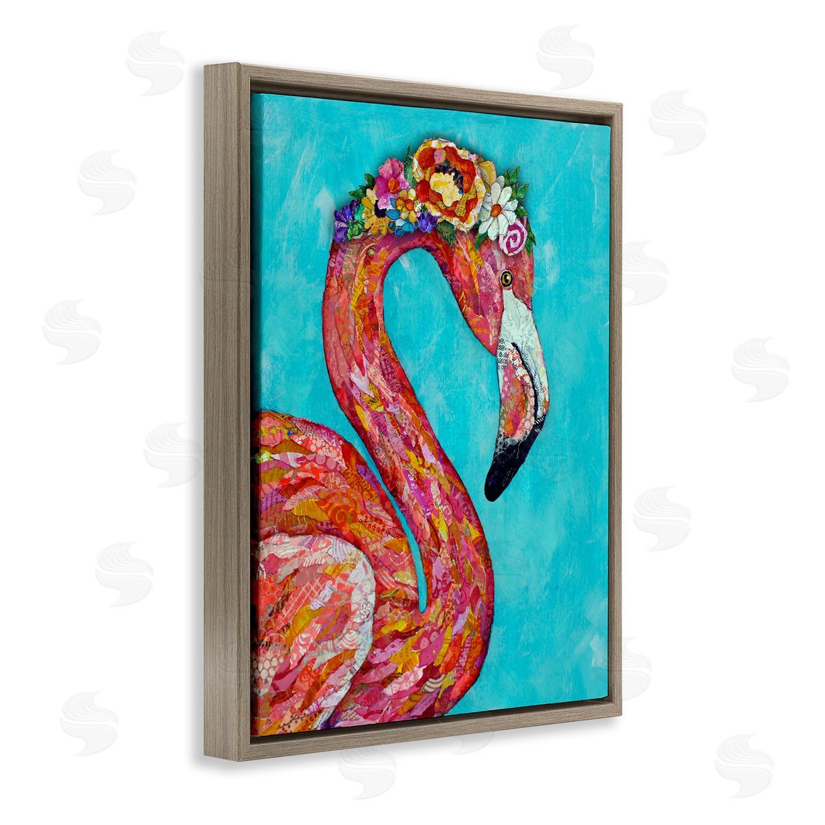 Lisa Morales Floral Flamingo Bird Bold Saturated Blossoms  Brown Floating Frame Canvas Wall Art Print