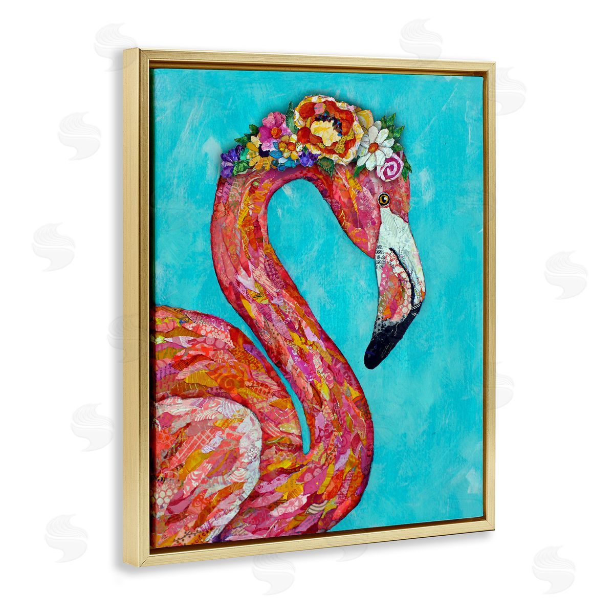 Lisa Morales Floral Flamingo Bird Bold Saturated Blossoms  Gold Floating Frame Canvas Wall Art Print