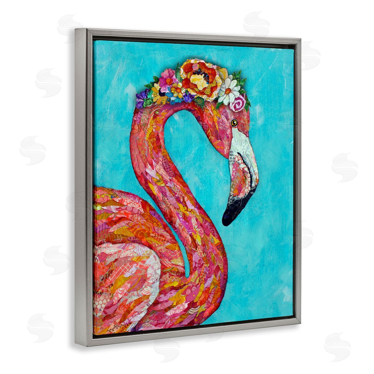 Lisa Morales Floral Flamingo Bird Bold Saturated Blossoms  Gray Floating Frame Canvas Wall Art Print