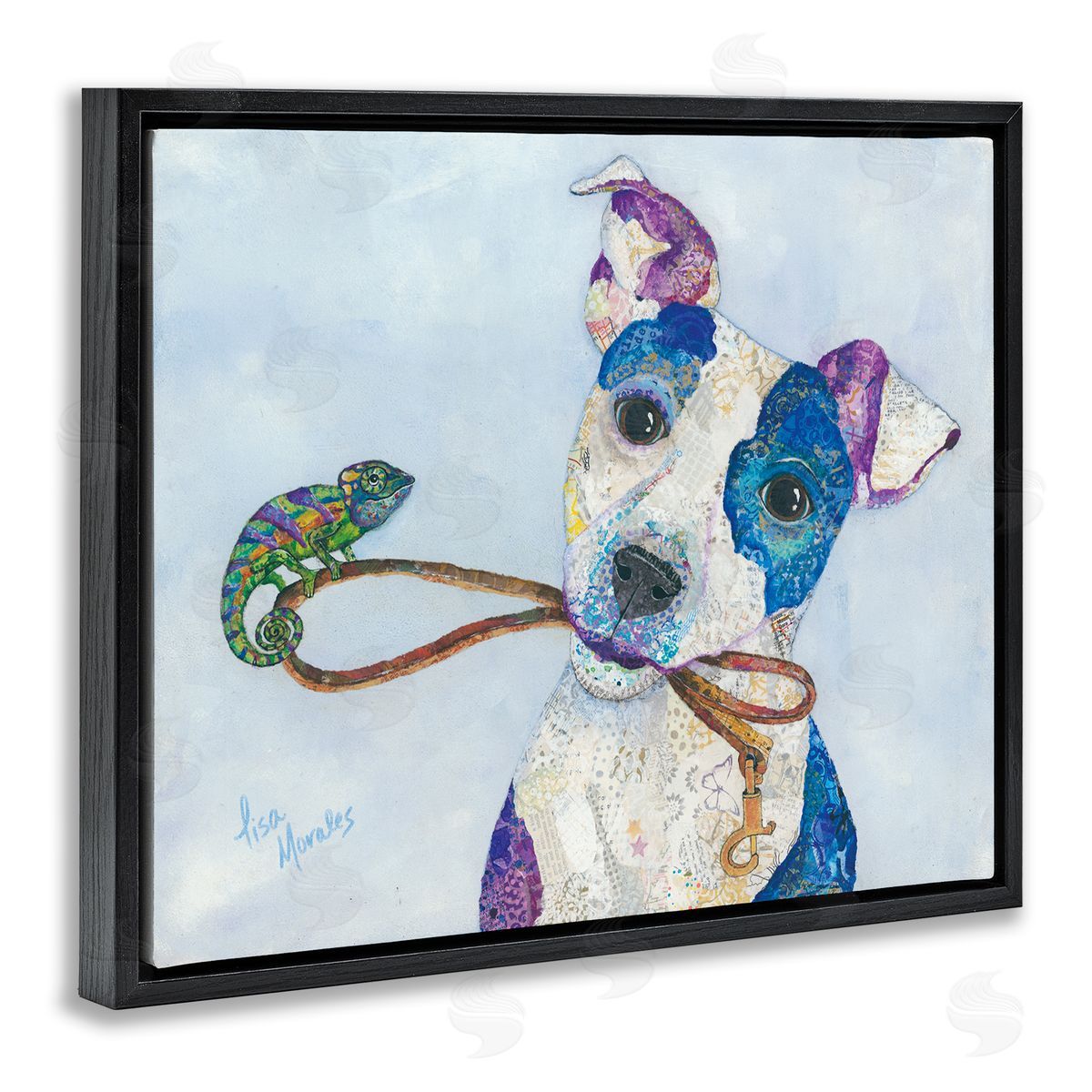 Lisa Morales Jack & Chameleon Smiling Dog Portrait  Black Floating Frame Canvas Wall Art Print