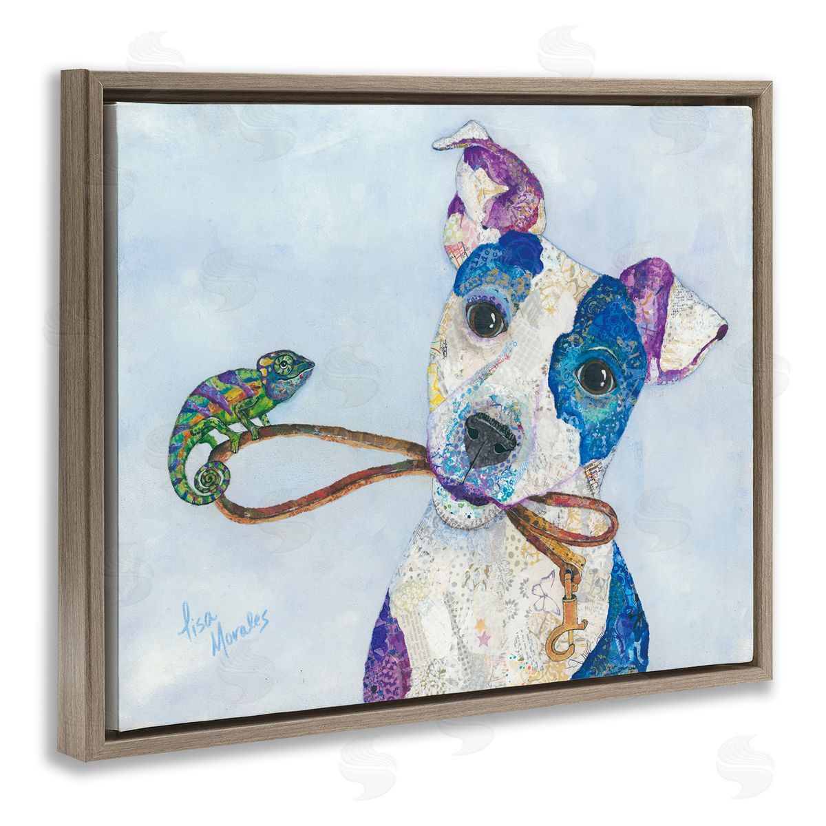 Lisa Morales Jack & Chameleon Smiling Dog Portrait  Brown Floating Frame Canvas Wall Art Print