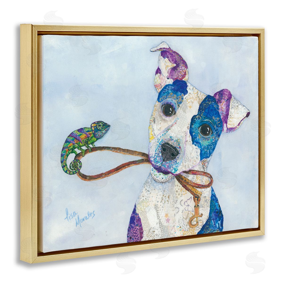 Lisa Morales Jack & Chameleon Smiling Dog Portrait  Gold Floating Frame Canvas Wall Art Print