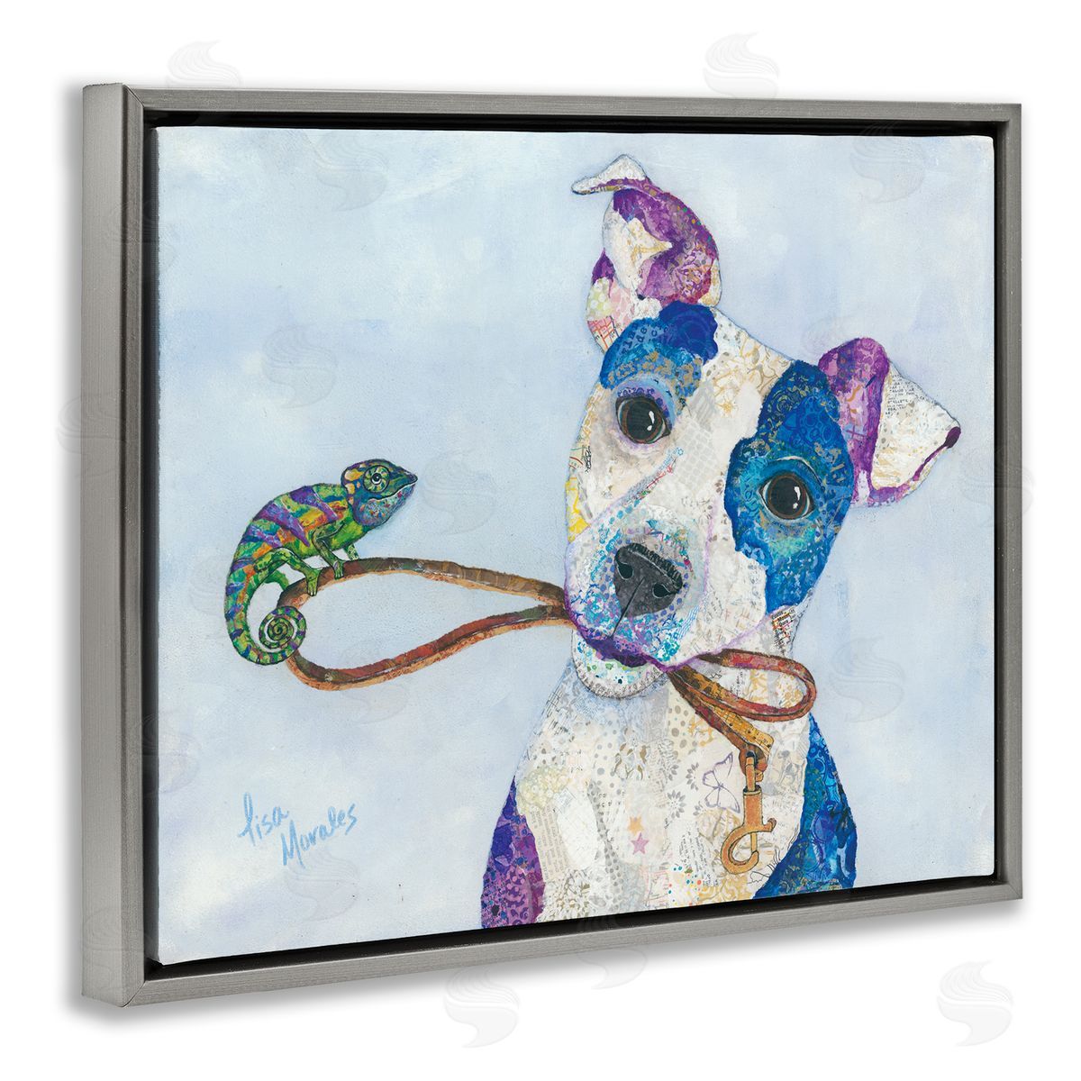 Lisa Morales Jack & Chameleon Smiling Dog Portrait  Gray Floating Frame Canvas Wall Art Print