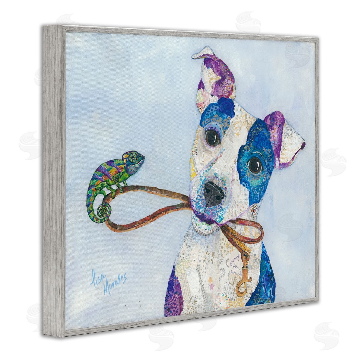 Lisa Morales Jack & Chameleon Smiling Dog Portrait  Gray Framed Giclee Wall Art Print