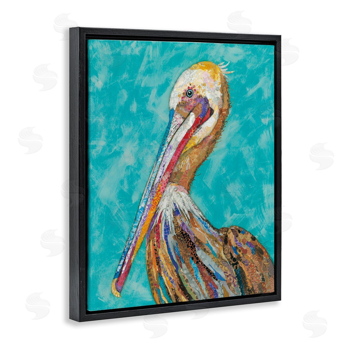 Lisa Morales Bold Pelican Bird Varied Pattern Stripes Black Floating Frame Canvas Wall Art Print