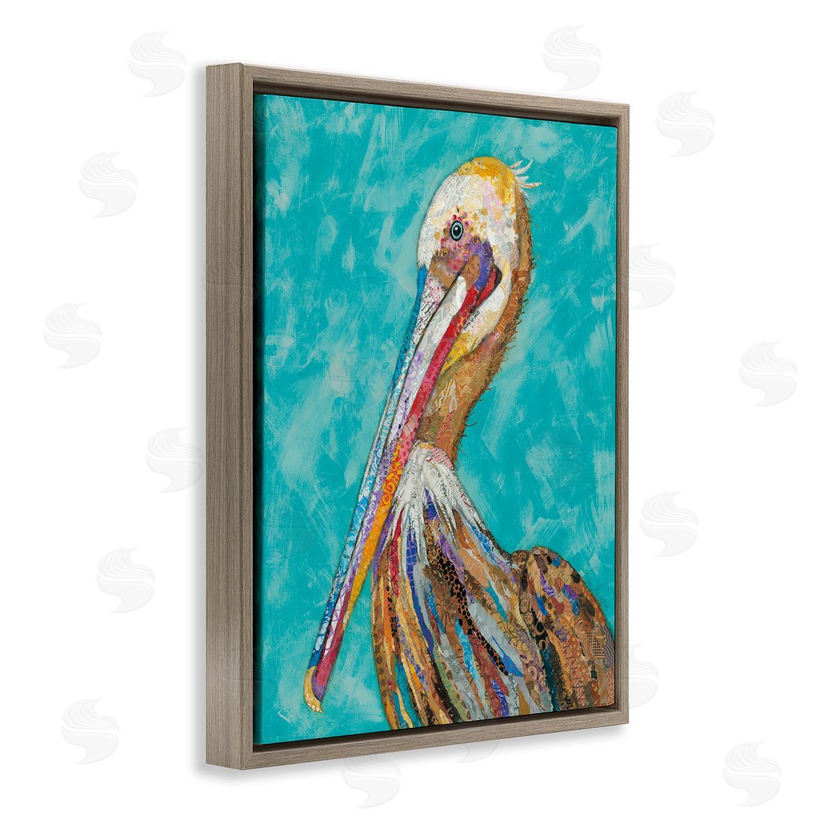 Lisa Morales Bold Pelican Bird Varied Pattern Stripes Brown Floating Frame Canvas Wall Art Print