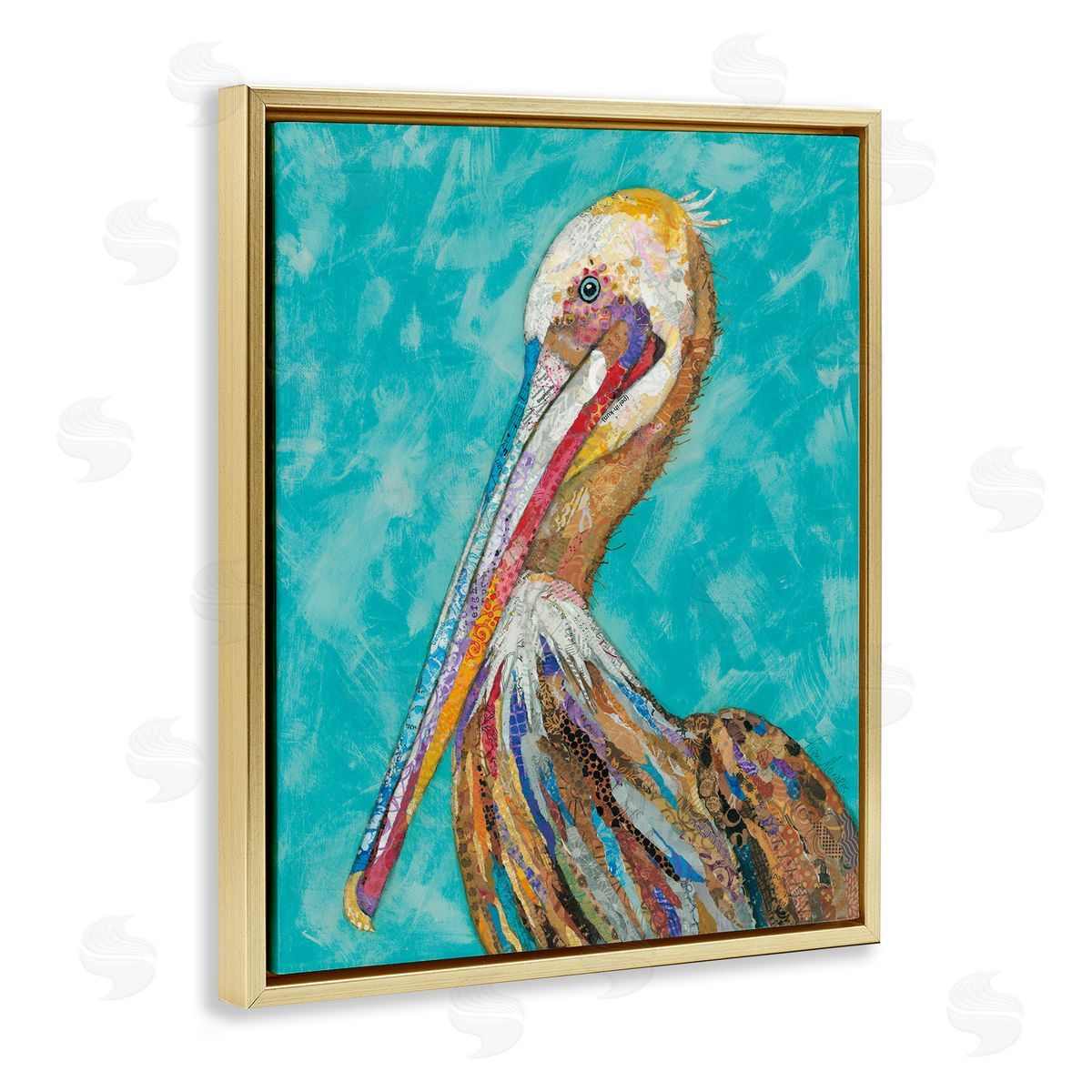 Lisa Morales Bold Pelican Bird Varied Pattern Stripes Gold Floating Frame Canvas Wall Art Print