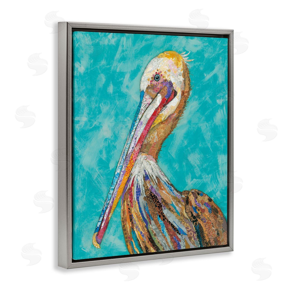 Lisa Morales Bold Pelican Bird Varied Pattern Stripes Gray Floating Frame Canvas Wall Art Print