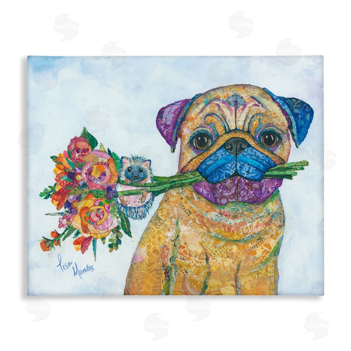 Lisa Morales Pug & Hedgehog Layered Paisley Patterns Animals  Stretched Canvas Wall Art Print