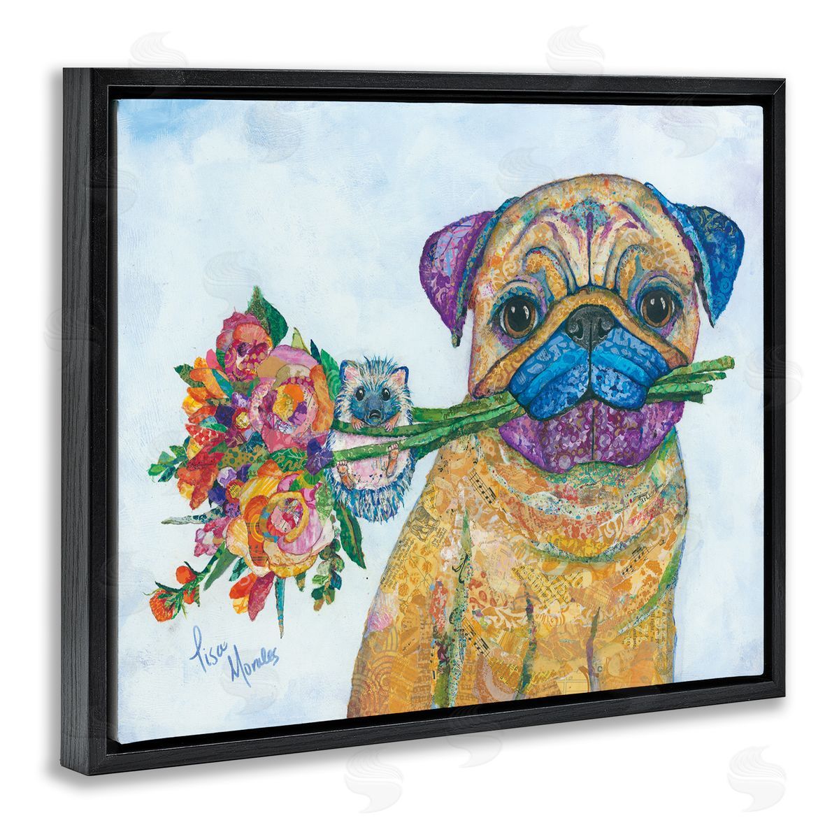 Lisa Morales Pug & Hedgehog Layered Paisley Patterns Animals  Black Floating Frame Canvas Wall Art Print