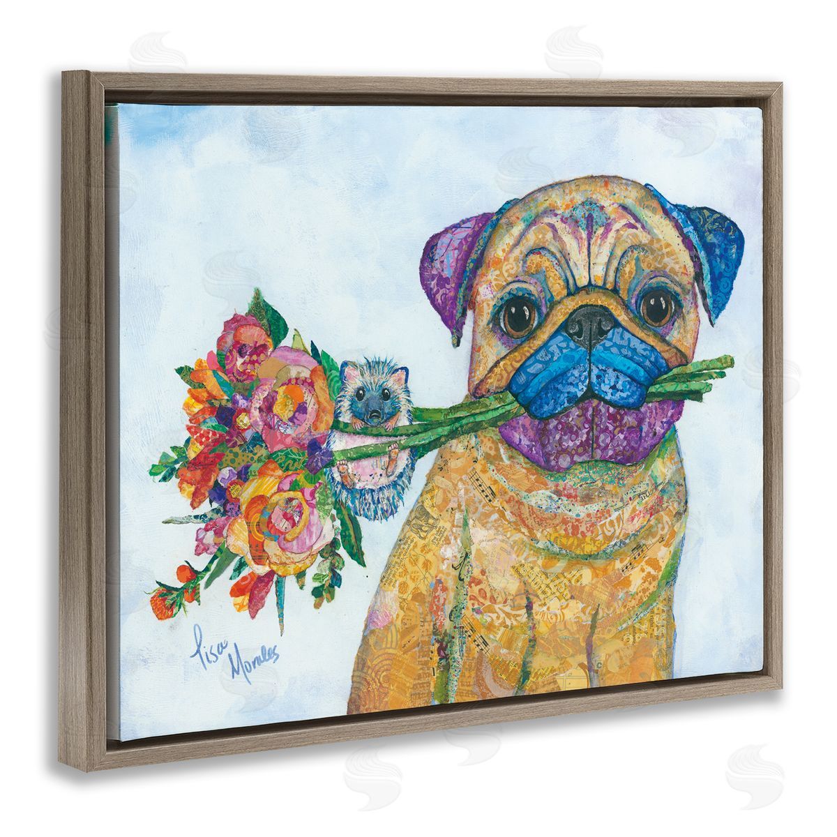 Lisa Morales Pug & Hedgehog Layered Paisley Patterns Animals  Brown Floating Frame Canvas Wall Art Print