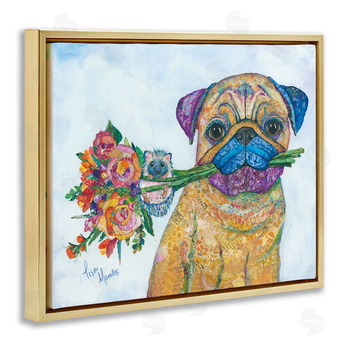 Lisa Morales Pug & Hedgehog Layered Paisley Patterns Animals  Gold Floating Frame Canvas Wall Art Print