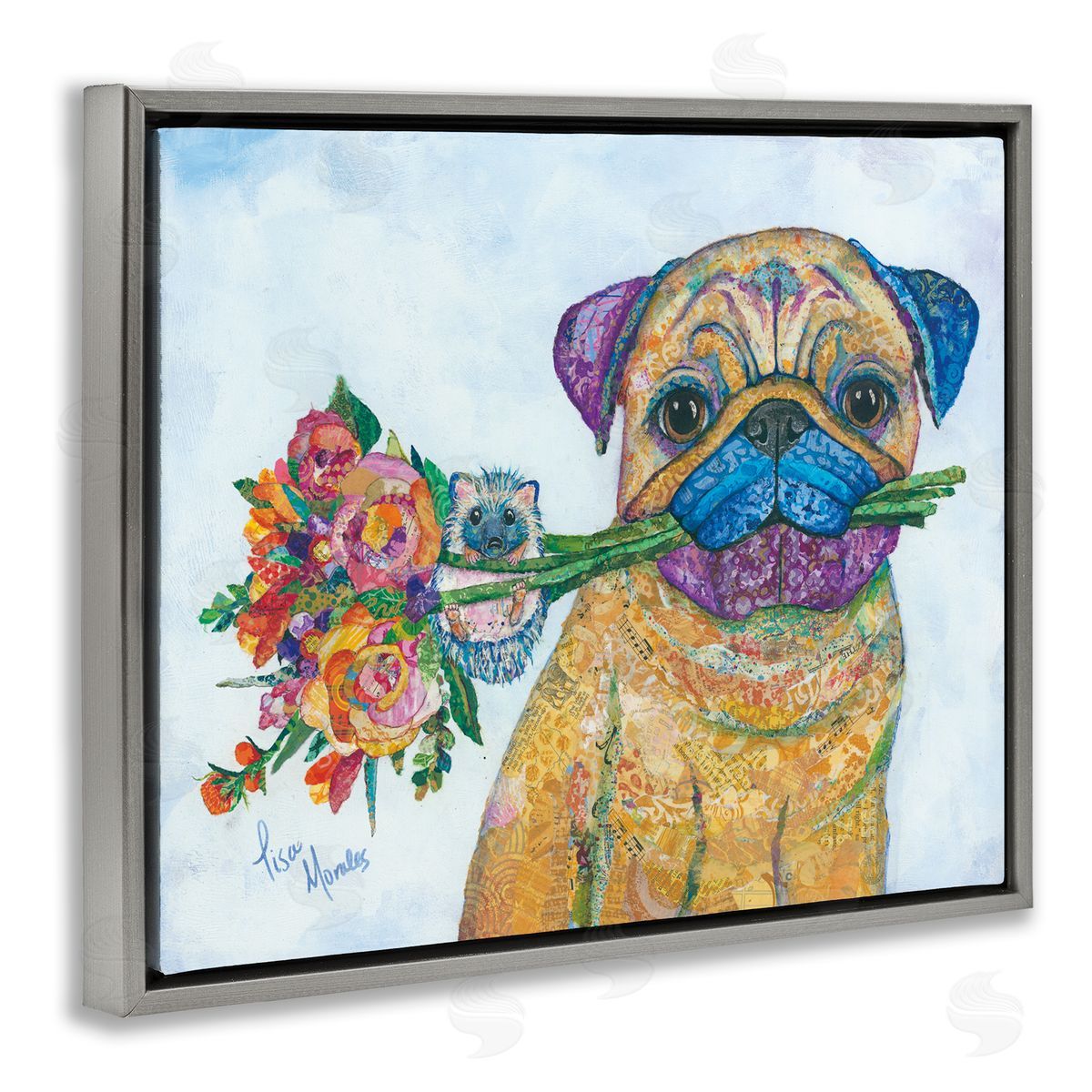 Lisa Morales Pug & Hedgehog Layered Paisley Patterns Animals  Gray Floating Frame Canvas Wall Art Print