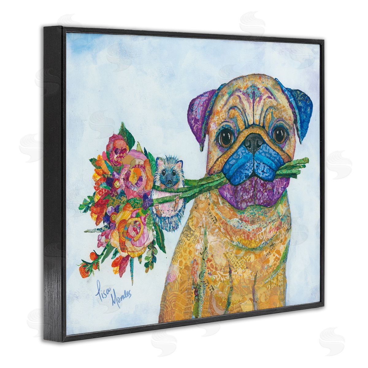 Lisa Morales Pug & Hedgehog Layered Paisley Patterns Animals  Black Framed Giclee Wall Art Print