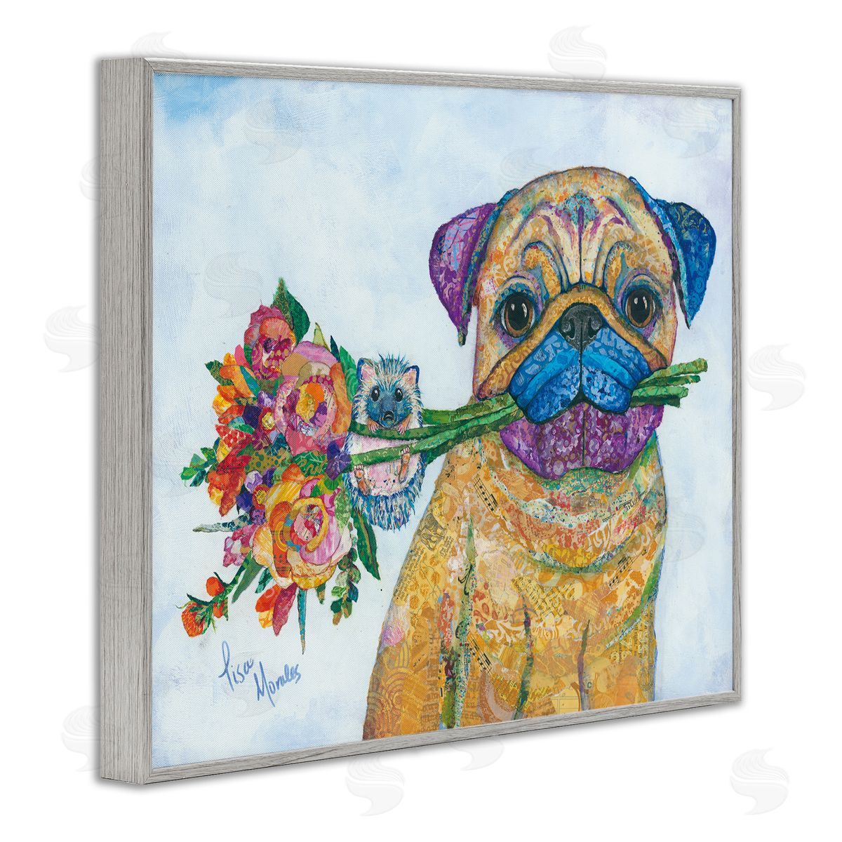 Lisa Morales Pug & Hedgehog Layered Paisley Patterns Animals  Gray Framed Giclee Wall Art Print