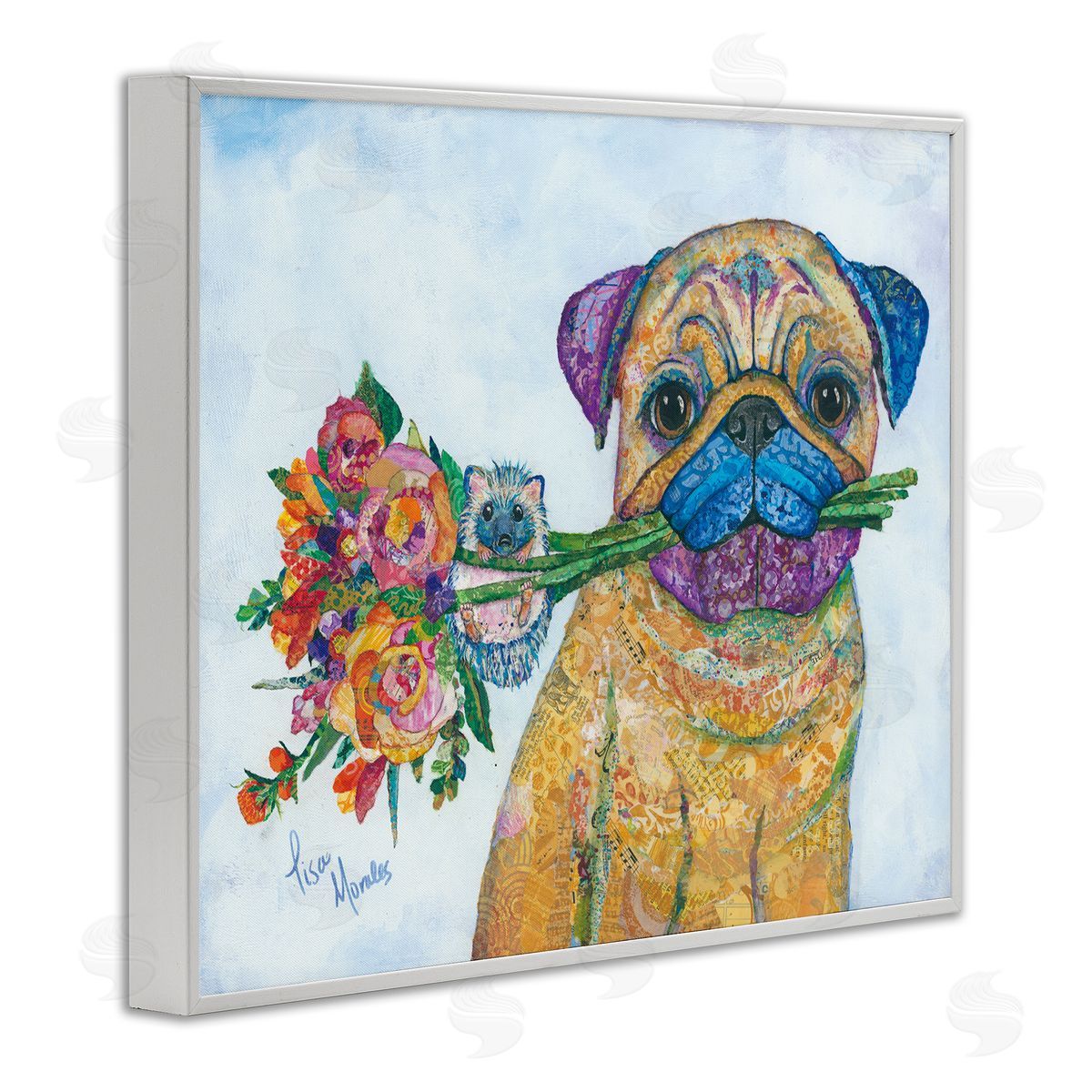 Lisa Morales Pug & Hedgehog Layered Paisley Patterns Animals  White Framed Giclee Wall Art Print
