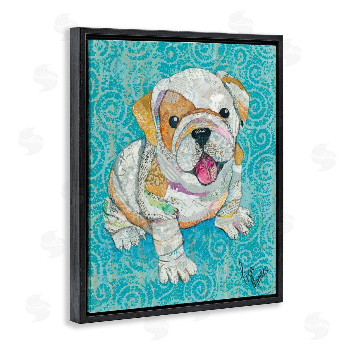 Lisa Morales Puppy Dog Swirl Pattern Mixed Ephemera  Black Floating Frame Canvas Wall Art Print