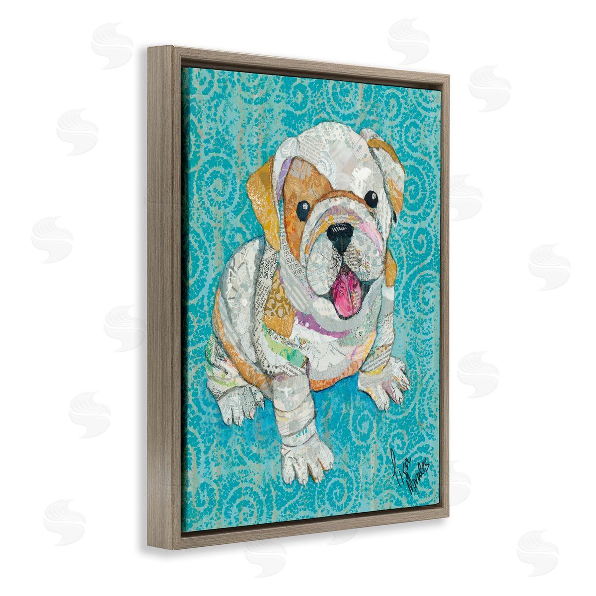 Lisa Morales Puppy Dog Swirl Pattern Mixed Ephemera  Brown Floating Frame Canvas Wall Art Print