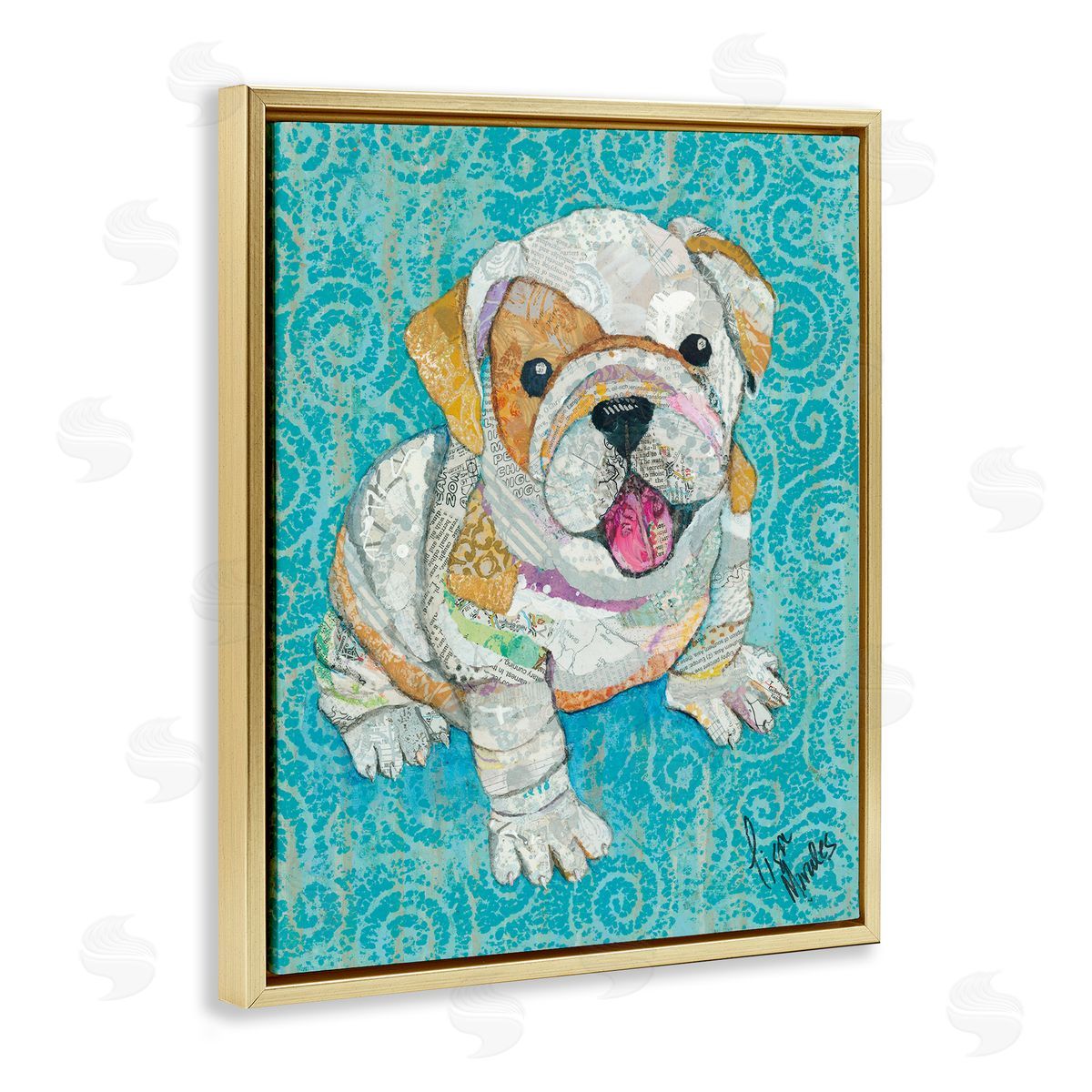 Lisa Morales Puppy Dog Swirl Pattern Mixed Ephemera  Gold Floating Frame Canvas Wall Art Print
