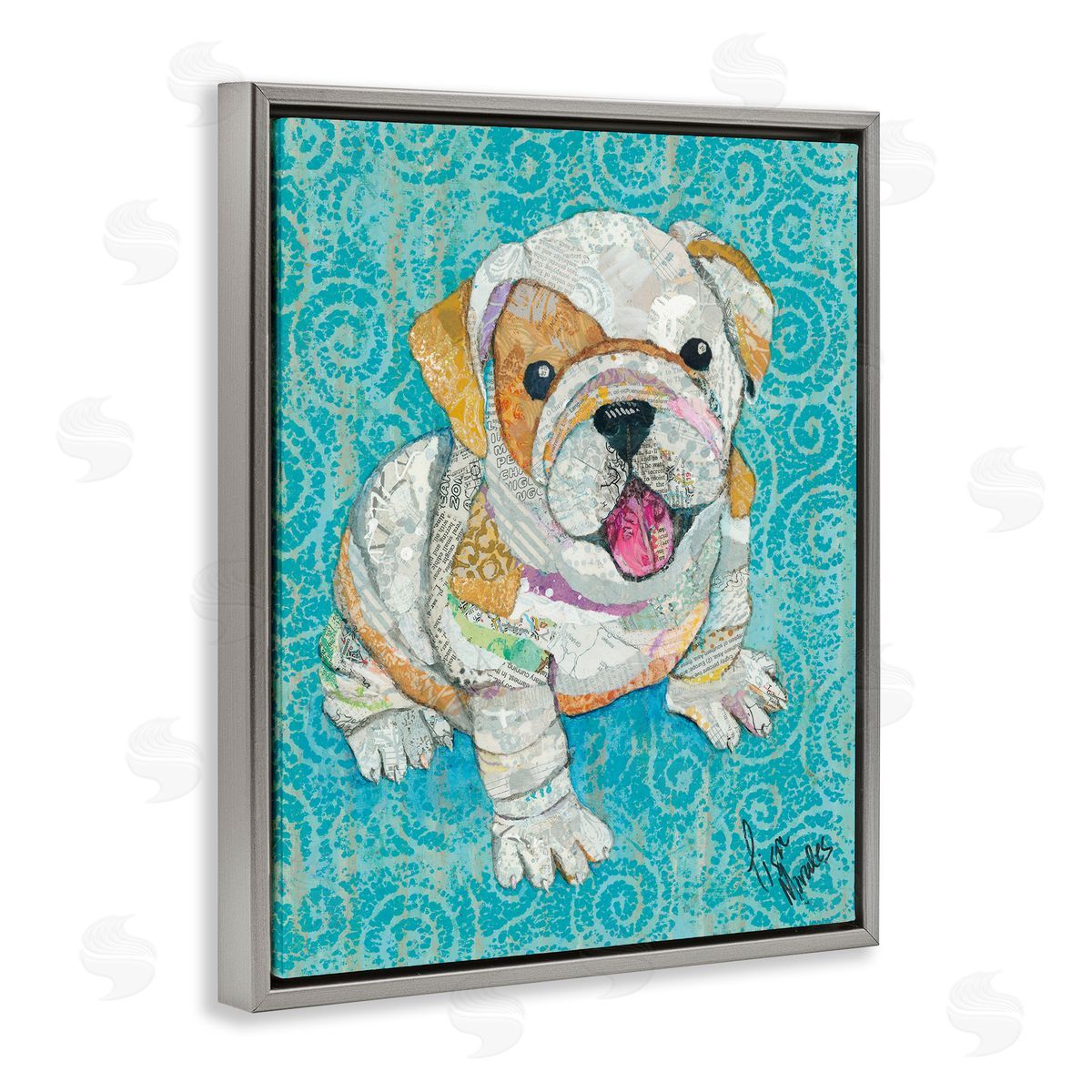 Lisa Morales Puppy Dog Swirl Pattern Mixed Ephemera  Gray Floating Frame Canvas Wall Art Print