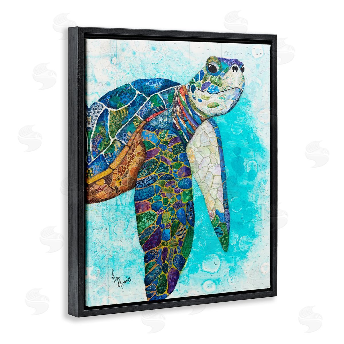 Lisa Morales Bold Aquatic Sea Turtle Pebbled Patterns  Black Floating Frame Canvas Wall Art Print
