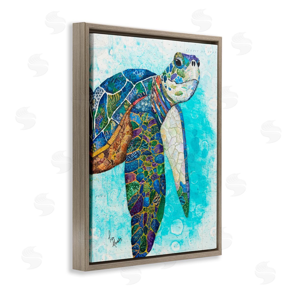 Lisa Morales Bold Aquatic Sea Turtle Pebbled Patterns  Brown Floating Frame Canvas Wall Art Print