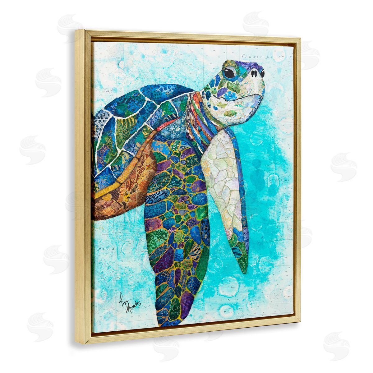 Lisa Morales Bold Aquatic Sea Turtle Pebbled Patterns  Gold Floating Frame Canvas Wall Art Print
