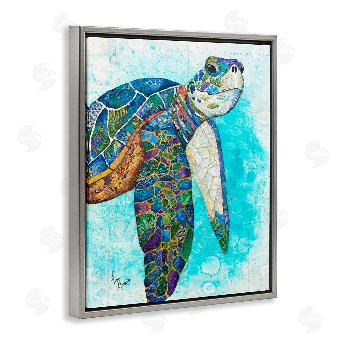 Lisa Morales Bold Aquatic Sea Turtle Pebbled Patterns  Gray Floating Frame Canvas Wall Art Print
