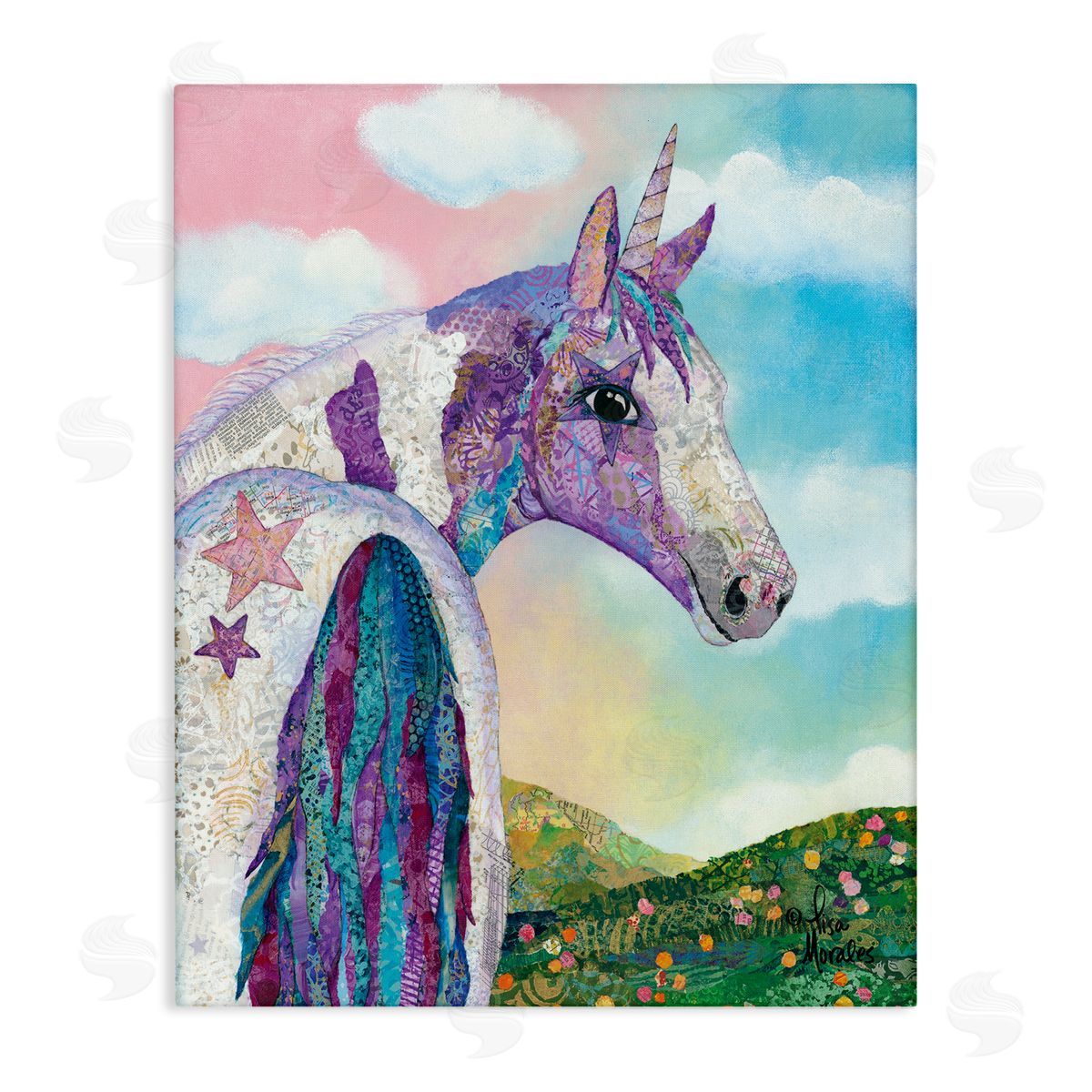 Lisa Morales Starry Eyed Unicorn Floral Fantasy Meadow  Stretched Canvas Wall Art Print
