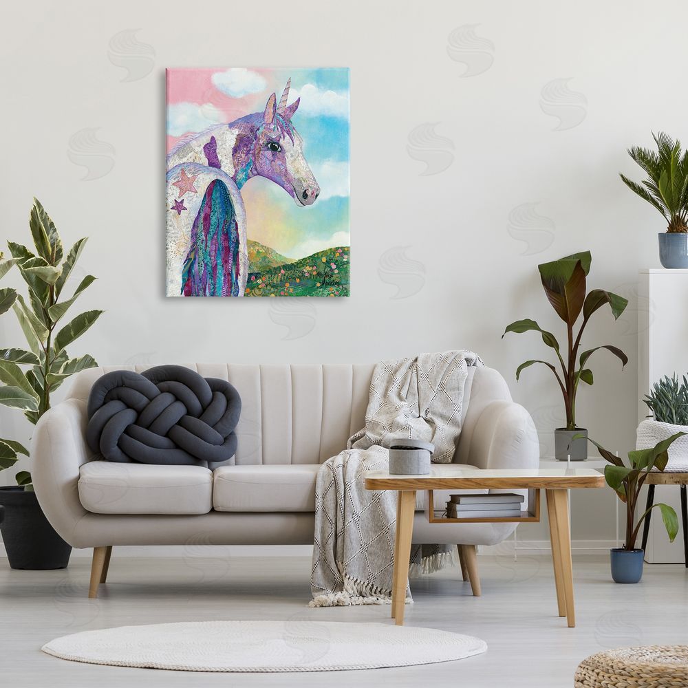 Lisa Morales Starry Eyed Unicorn Floral Fantasy Meadow  Canvas Wall Art Print in Room