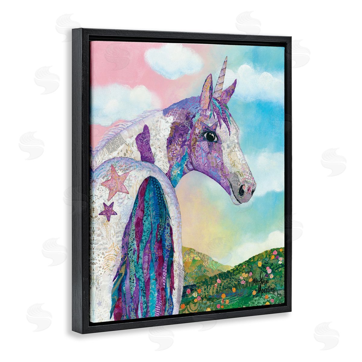 Lisa Morales Starry Eyed Unicorn Floral Fantasy Meadow  Black Floating Frame Canvas Wall Art Print