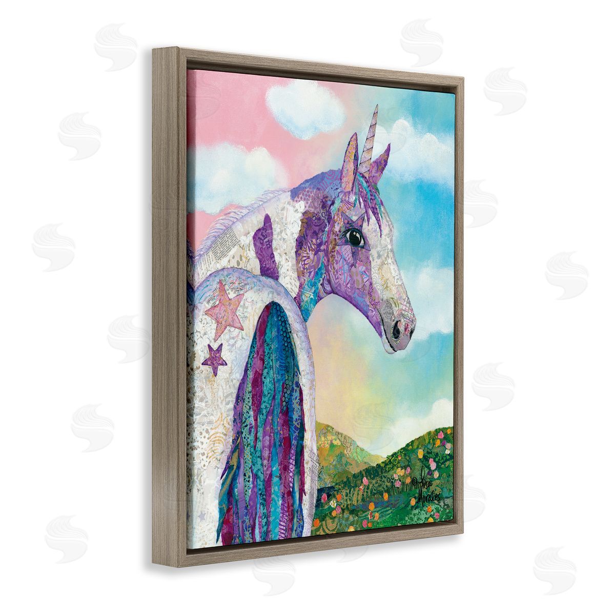 Lisa Morales Starry Eyed Unicorn Floral Fantasy Meadow  Brown Floating Frame Canvas Wall Art Print