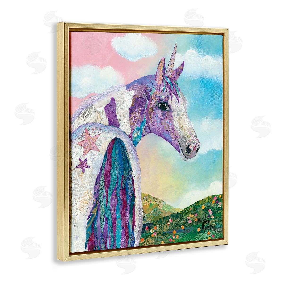 Lisa Morales Starry Eyed Unicorn Floral Fantasy Meadow  Gold Floating Frame Canvas Wall Art Print