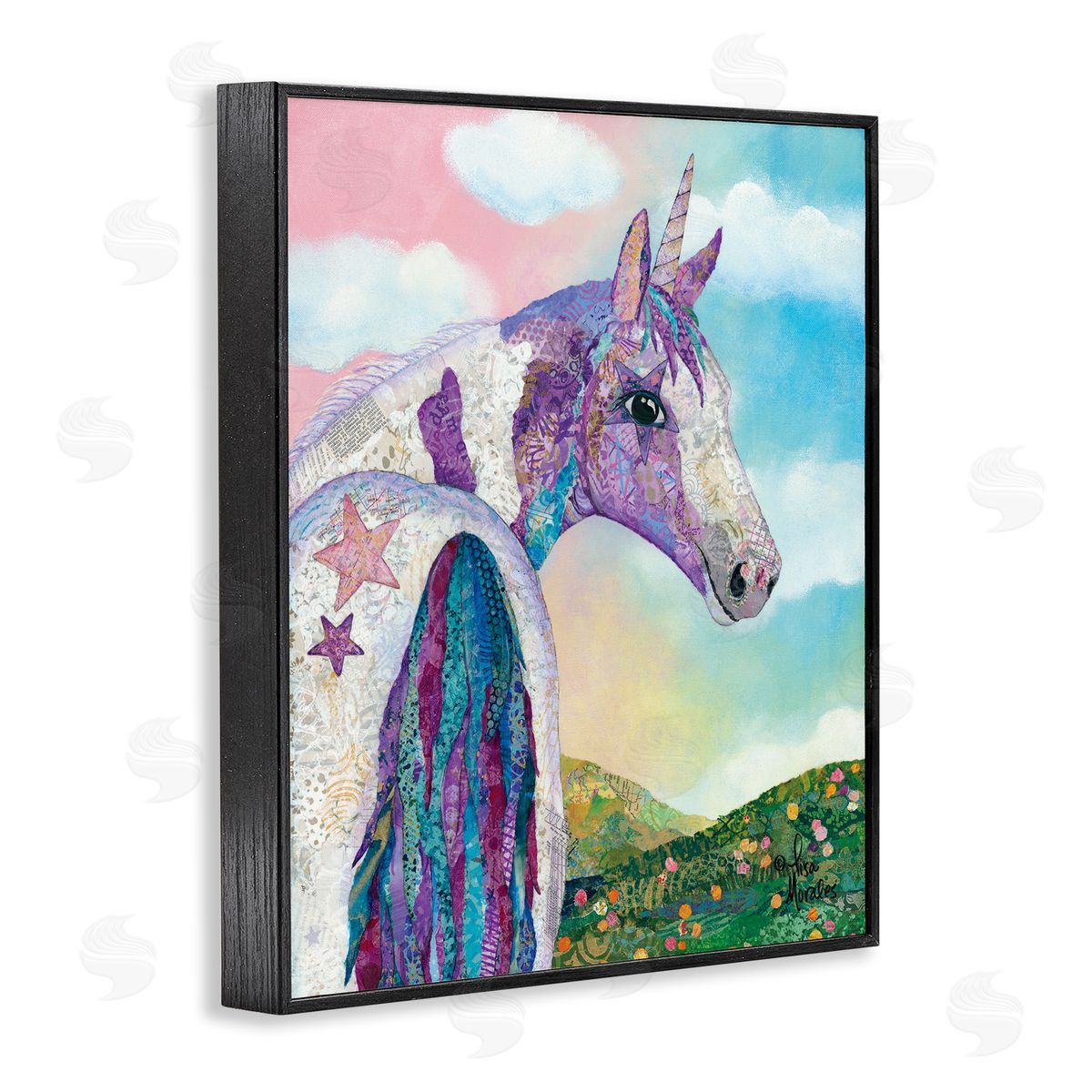 Lisa Morales Starry Eyed Unicorn Floral Fantasy Meadow  Black Framed Giclee Wall Art Print