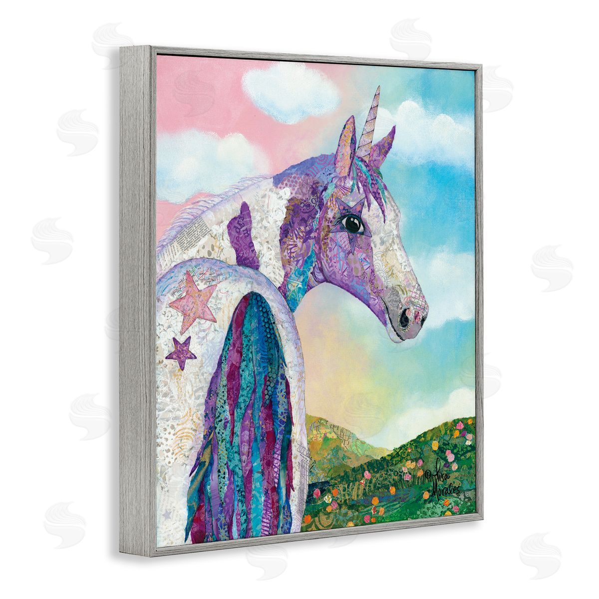 Lisa Morales Starry Eyed Unicorn Floral Fantasy Meadow  Gray Framed Giclee Wall Art Print
