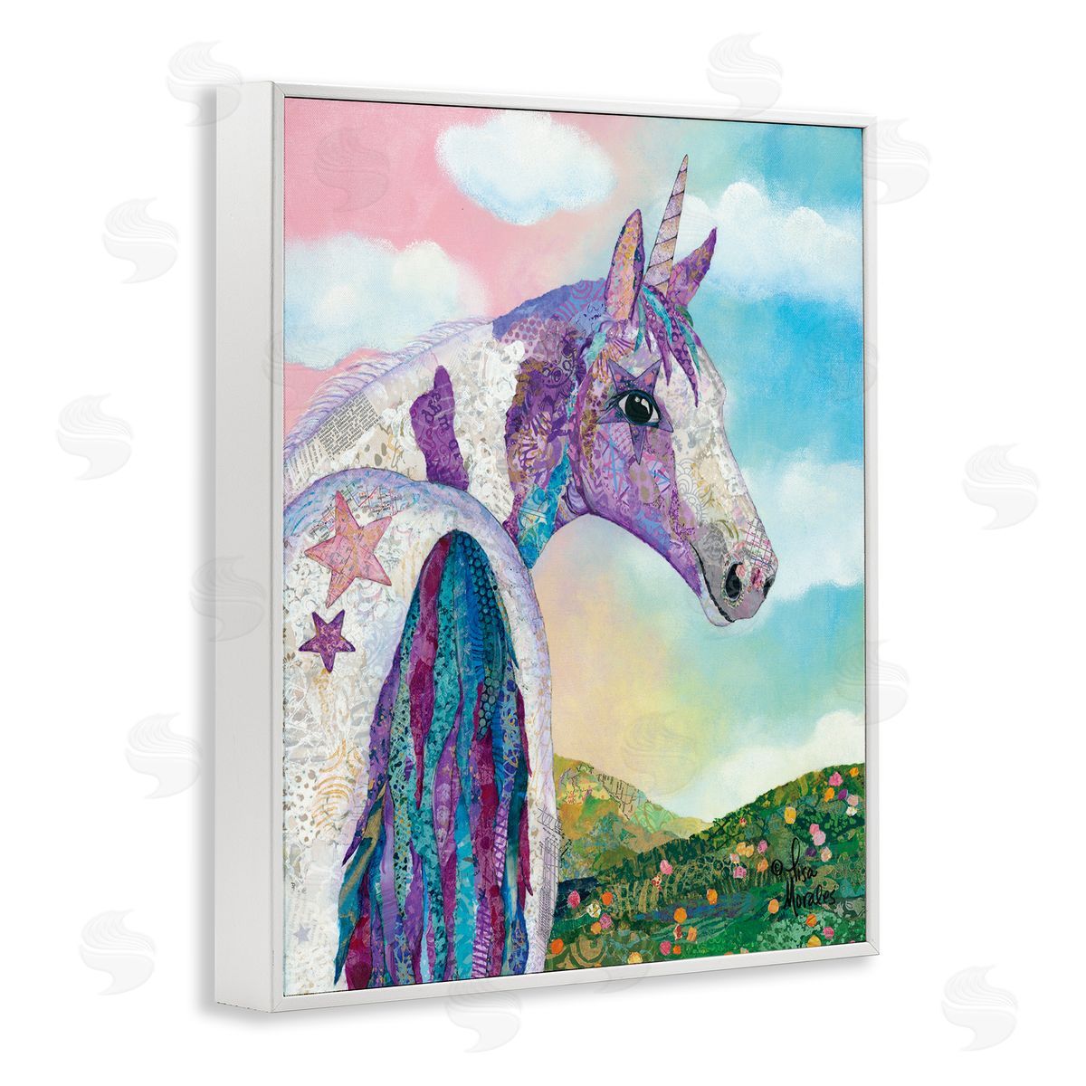 Lisa Morales Starry Eyed Unicorn Floral Fantasy Meadow  White Framed Giclee Wall Art Print