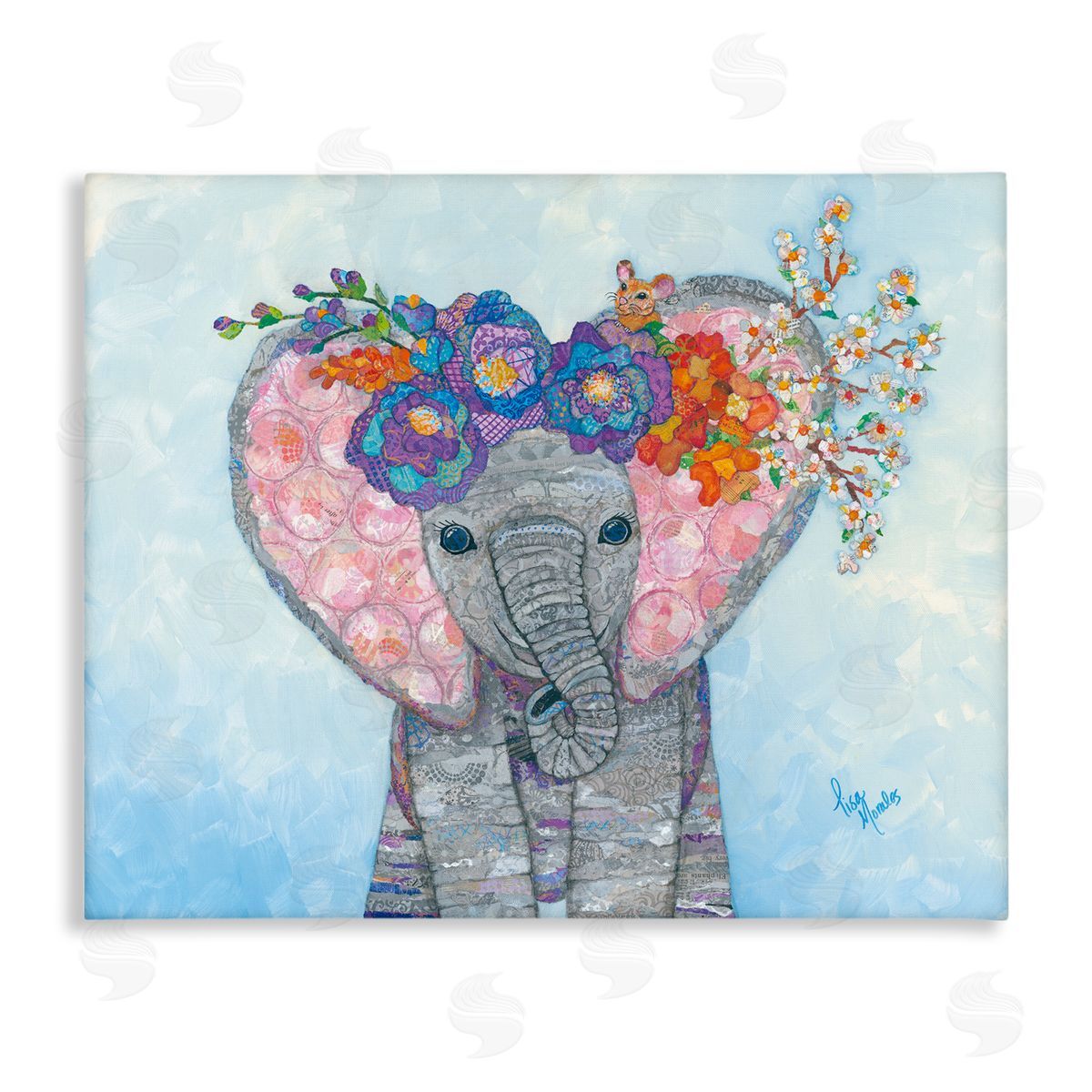 Lisa Morales Baby Elephant & Mouse Decorated Flower Blossoms  Stretched Canvas Wall Art Print