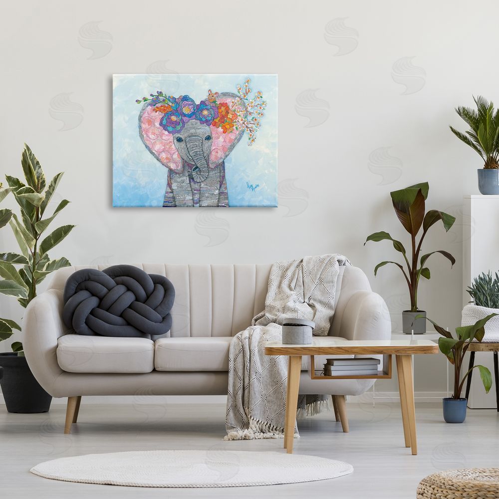 Lisa Morales Baby Elephant & Mouse Decorated Flower Blossoms  Canvas Wall Art Print in Room