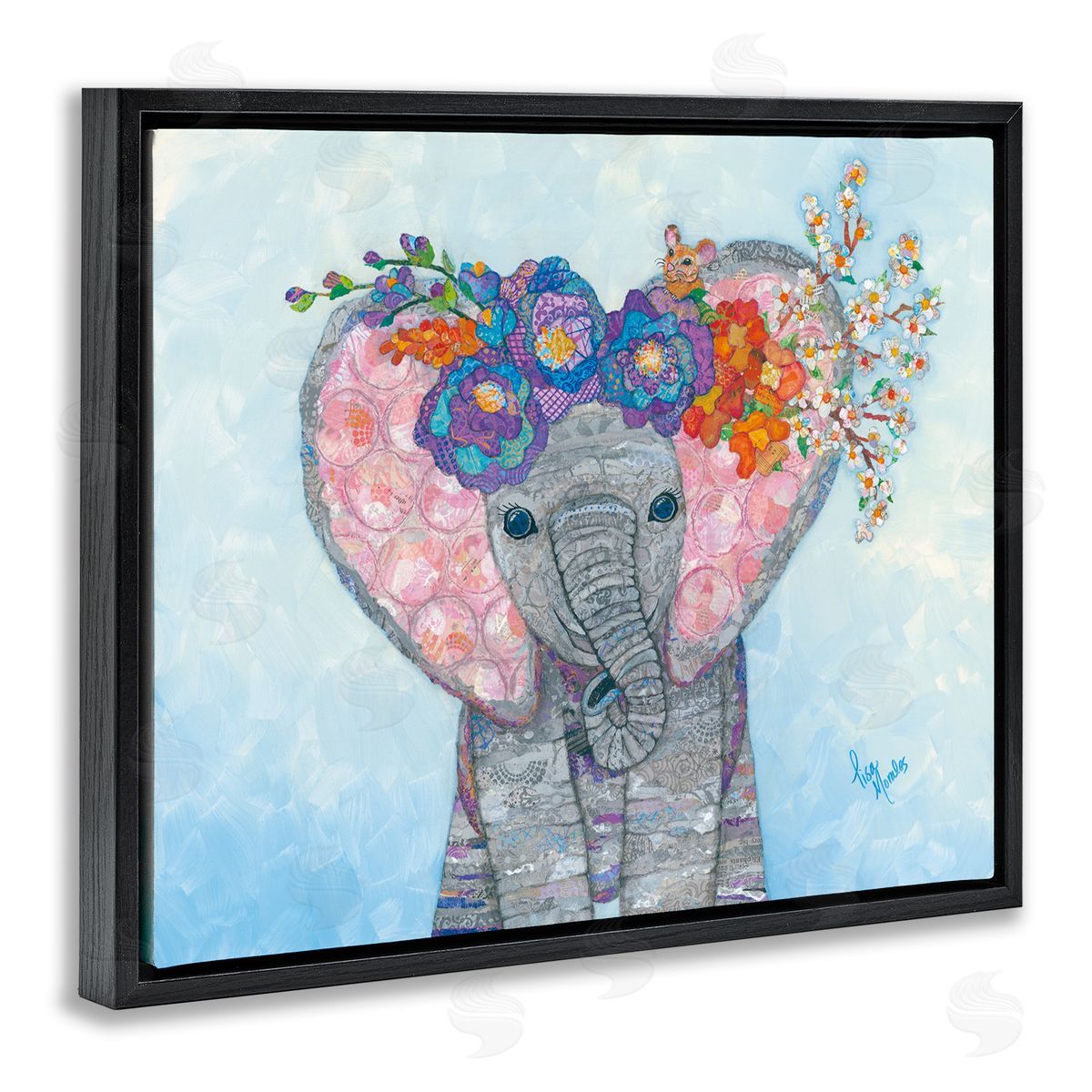 Lisa Morales Baby Elephant & Mouse Decorated Flower Blossoms  Black Floating Frame Canvas Wall Art Print