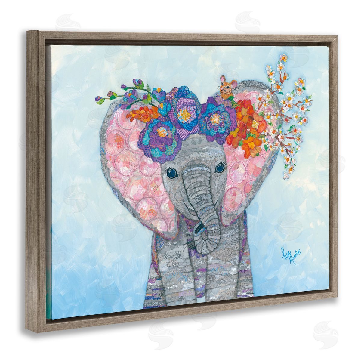 Lisa Morales Baby Elephant & Mouse Decorated Flower Blossoms  Brown Floating Frame Canvas Wall Art Print