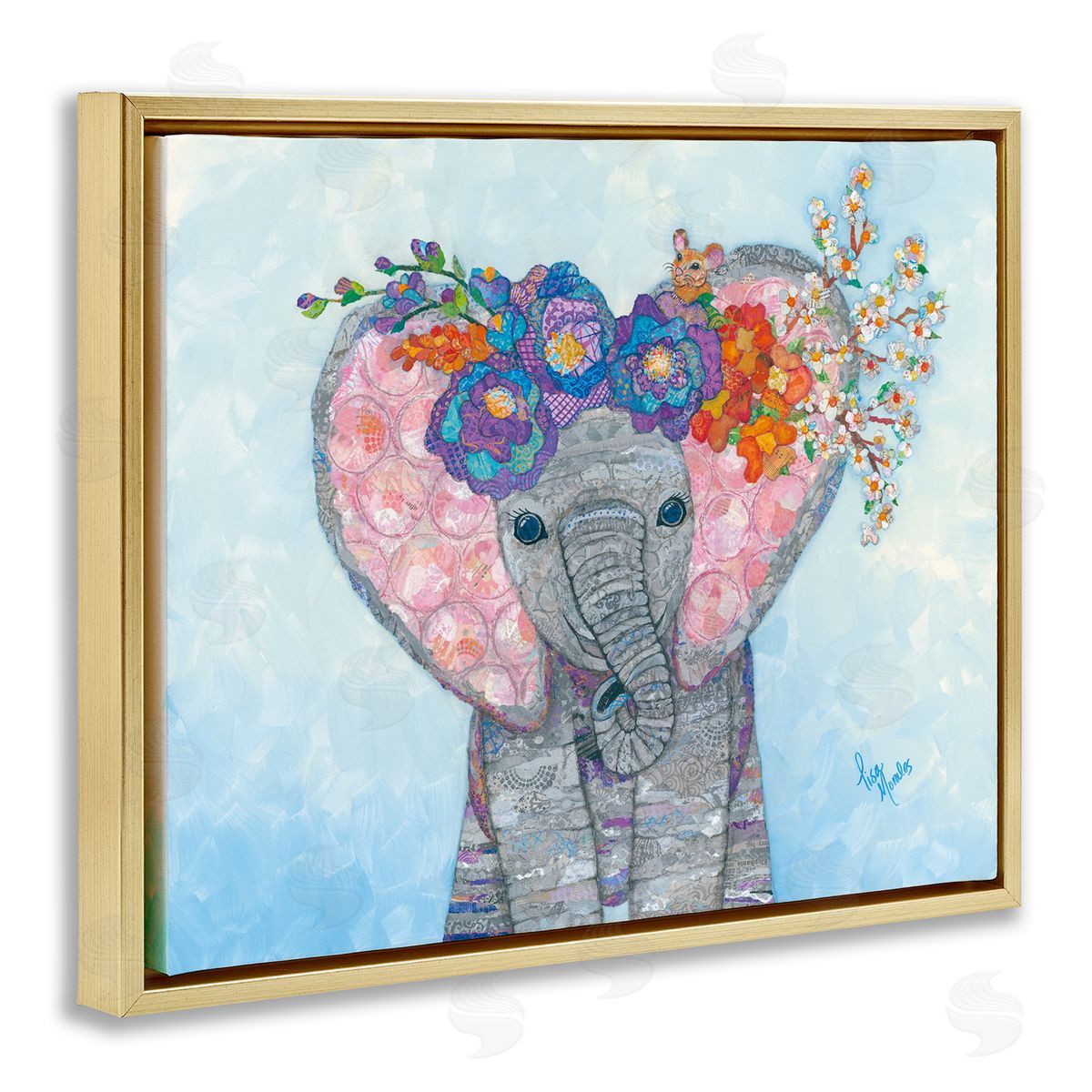 Lisa Morales Baby Elephant & Mouse Decorated Flower Blossoms  Gold Floating Frame Canvas Wall Art Print