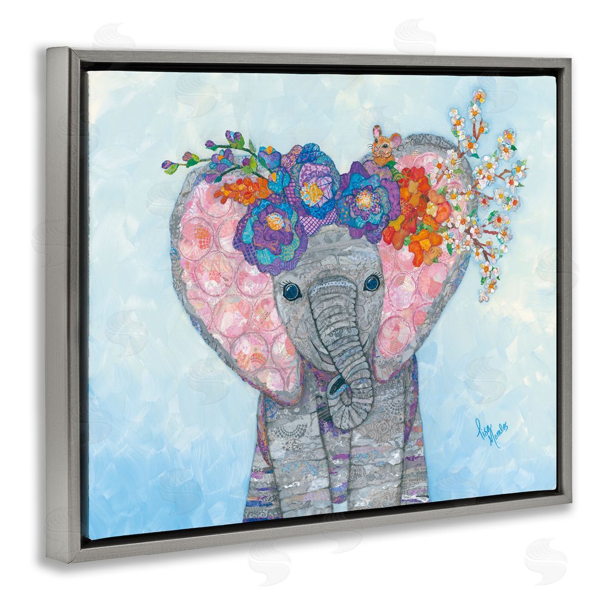 Lisa Morales Baby Elephant & Mouse Decorated Flower Blossoms  Gray Floating Frame Canvas Wall Art Print
