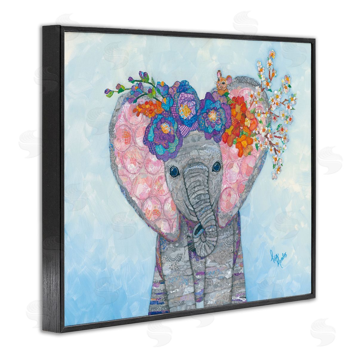 Lisa Morales Baby Elephant & Mouse Decorated Flower Blossoms  Black Framed Giclee Wall Art Print