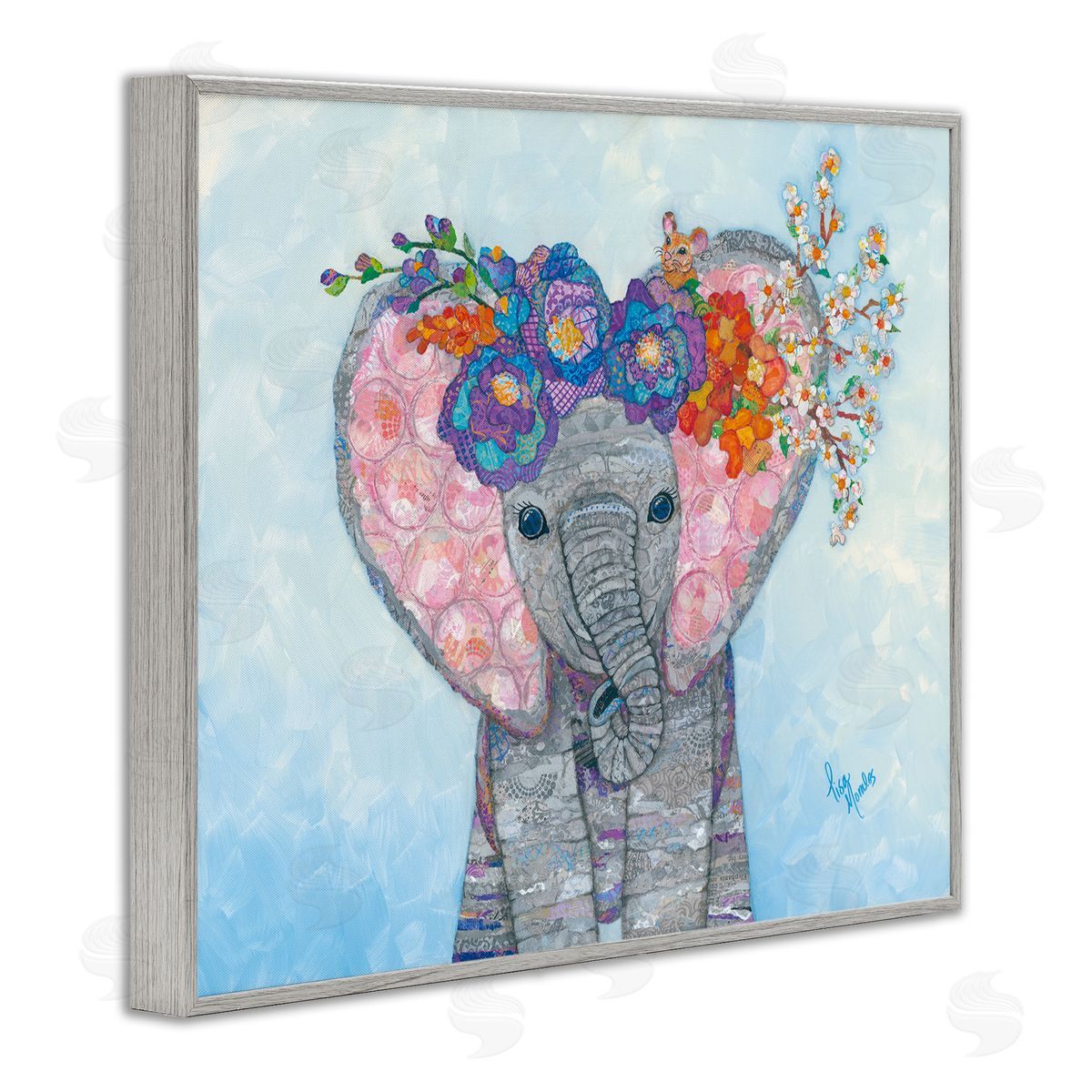 Lisa Morales Baby Elephant & Mouse Decorated Flower Blossoms  Gray Framed Giclee Wall Art Print