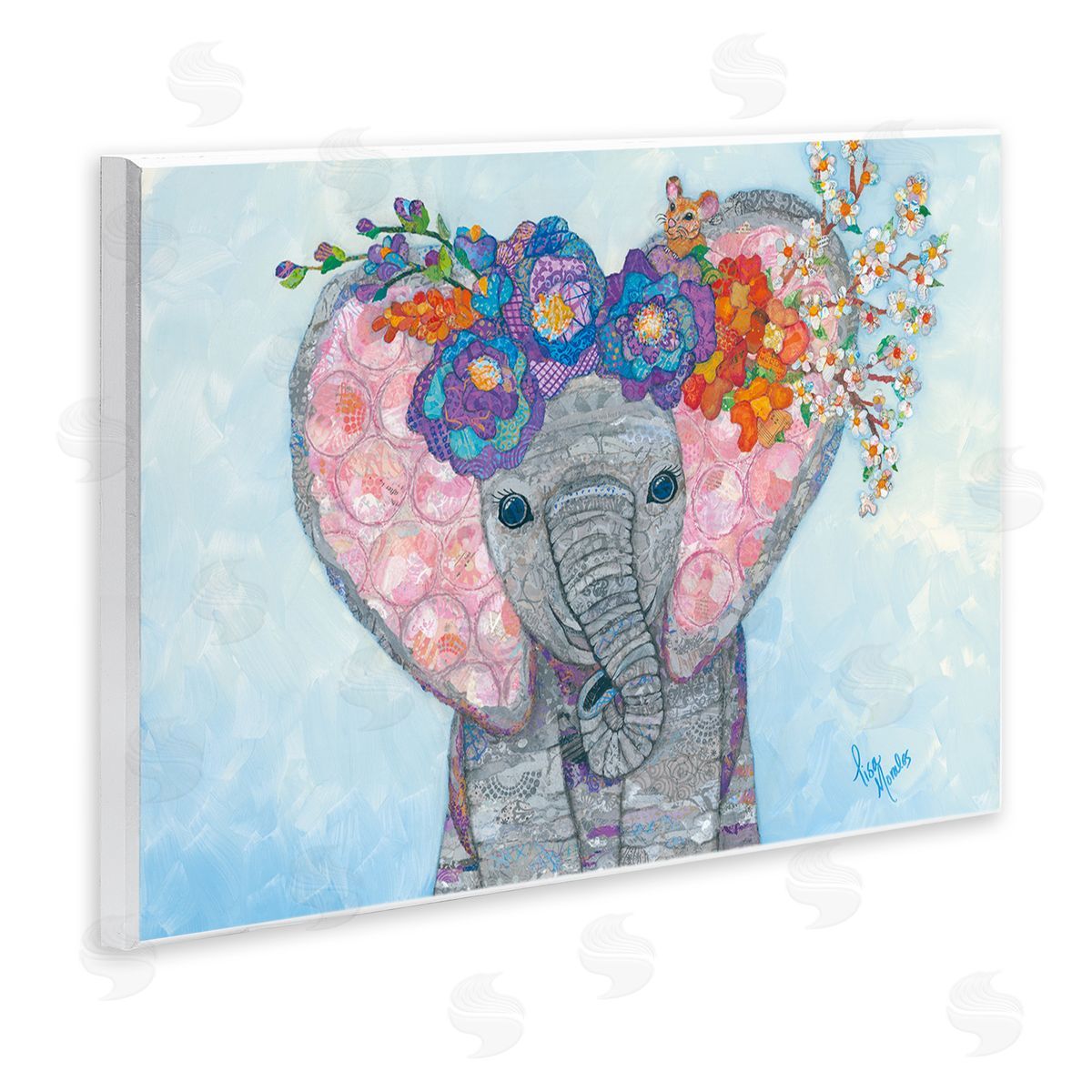 Lisa Morales Baby Elephant & Mouse Decorated Flower Blossoms  Wall Plaque Art Print