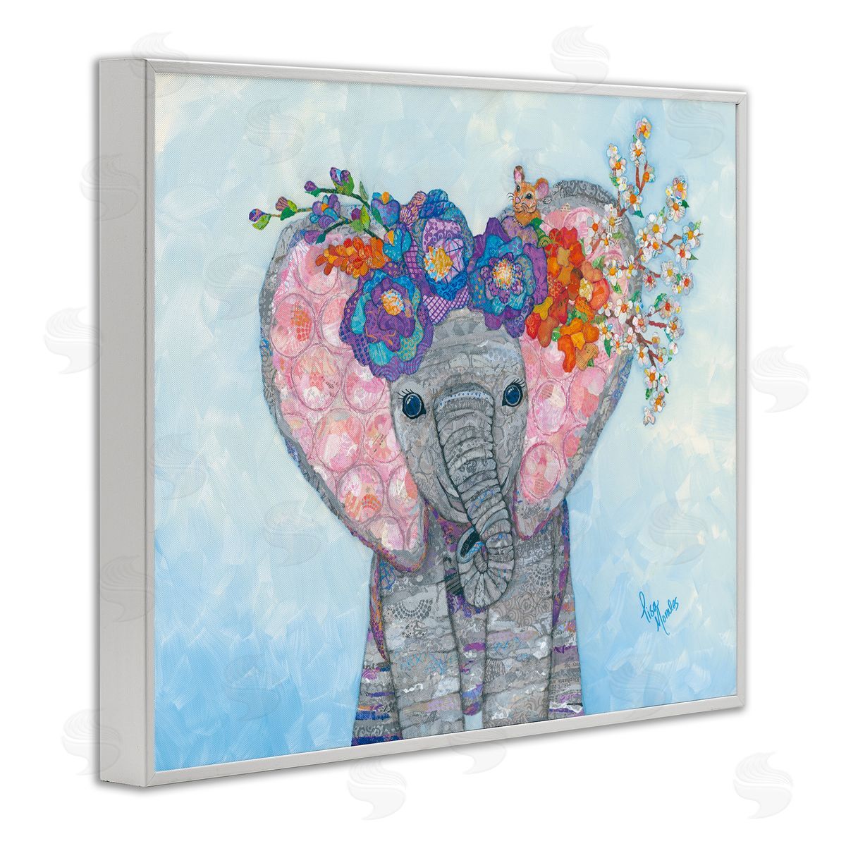 Lisa Morales Baby Elephant & Mouse Decorated Flower Blossoms  White Framed Giclee Wall Art Print