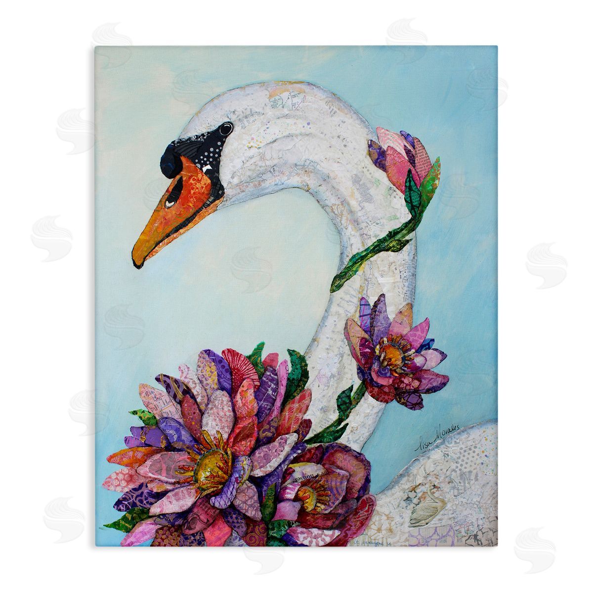 Lisa Morales Swan Bird Vivid Lotus Flower Blossoms  Stretched Canvas Wall Art Print